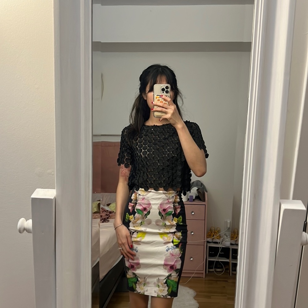NWT Alexis sheer black floral applique crop top